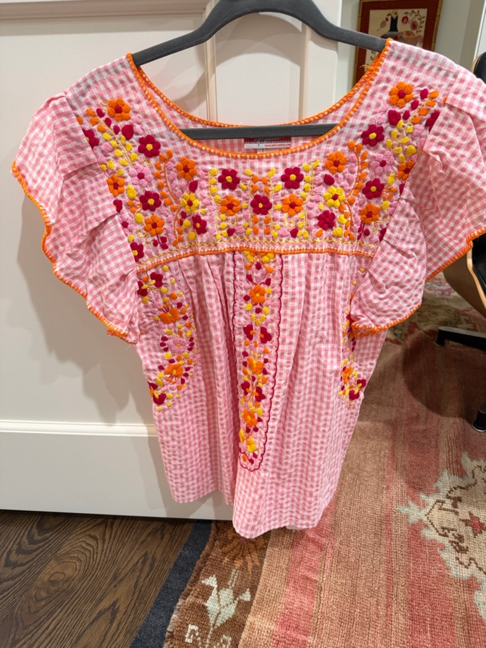 Pink Gingham Embroidered Flutter Sleeve Top
